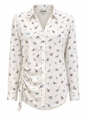 Kismet Bird Print Button Front Blouse Medium White Pink